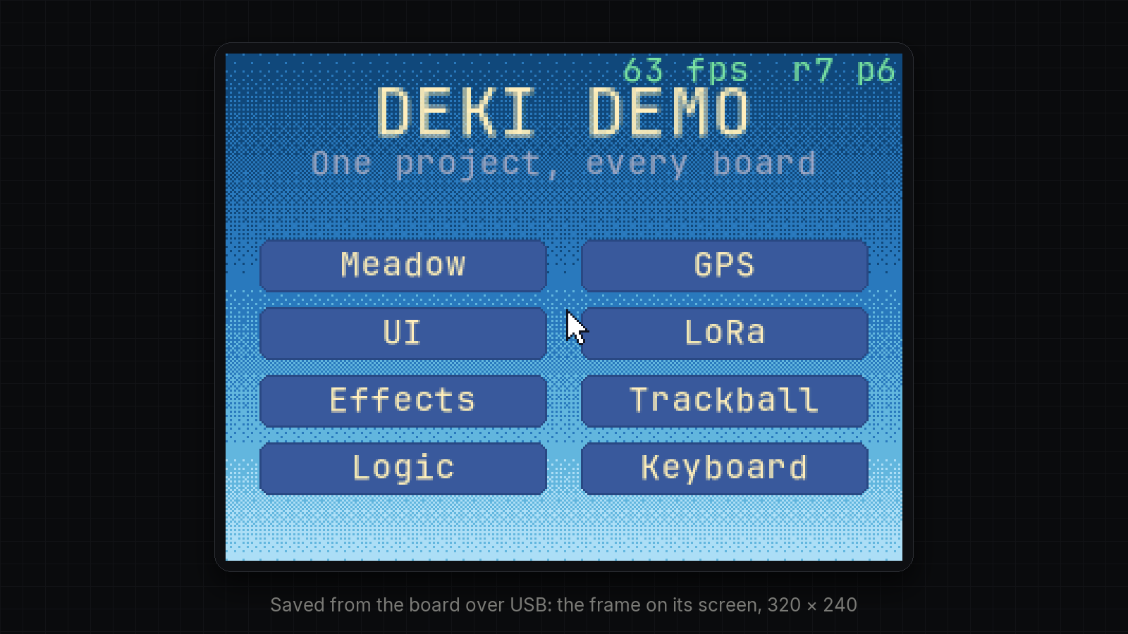 The demo&rsquo;s menu as the board had it on screen, saved over USB, its own frame rate in the corner